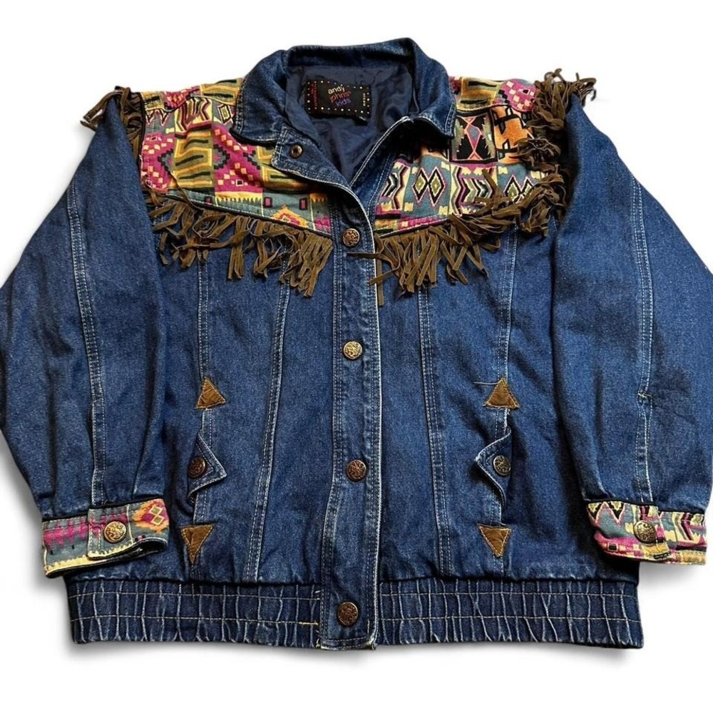 Vintage Andy Johns Aztec Fringed Western Denim Jacket fits women's Medium READ